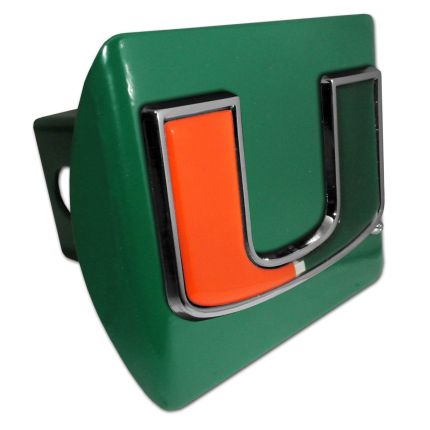 Elektroplate University of Miami Emblem on Green Metal Hitch Cover, 2" inch Hitch